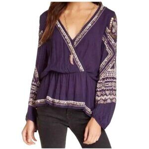 Free People Stitch Up Your Heart Purple Embroidered Faux Wrap Top Boho Chic S